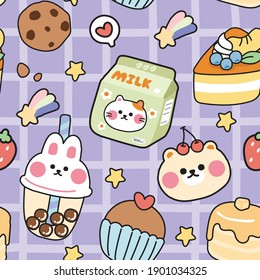 Seamless pattern of cute sticker cartoon hand drawn.Animal character design.Rabbit,cat,bear,strawberry,cake,dessert,cookies,bubble milk tea.Kid graphic.Kawaii.Vector.Illustration