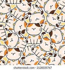 Seamless pattern of cute sticker cat in sit poses cartoon.Yellow background.Animal character design.Kawaii.Repeat.Vector.Illustration.