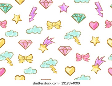Seamless pattern, cute stickers. Stars and bows, girl background