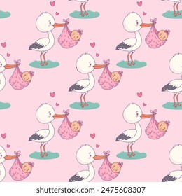 Seamless pattern with cute stork in its beak with newborn baby girl on pink background. Vector illustration. Funny Cartoon bird kawaii and childish birthday 