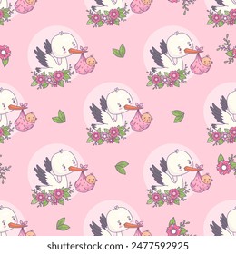 Seamless pattern with cute stork with flowers in its beak with newborn baby girl on pink background. Vector illustration. Funny cartoon bird kawaii and childish birthday