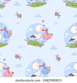 Seamless pattern with cute stork holds bundle in its beak with newborn baby boy and girl on blue background with clouds. Vector illustration. Cartoon bird kawaii