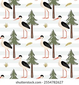 Seamless pattern with cute stork and pine. Wild birds. Childish background. Woodland wallpaper.