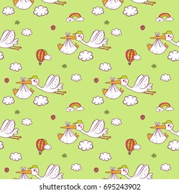 Seamless pattern with cute storks carrying the baby on green background. The good choice for childrens accessories, fabric and other. Vector illustration