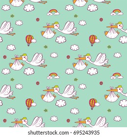 Seamless pattern with cute storks carrying the baby on blue background. The good choice for childrens accessories, fabric and other. Vector illustration