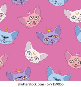 Seamless pattern of cute and strange heads of cats on pink background. Vector illustration.