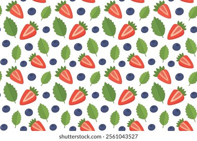 Seamless pattern with cute strawberries, blueberries and mint leaves. Colorful summer background 