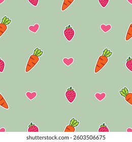 Seamless Pattern of Cute Strawberries and Carrots