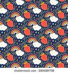 Seamless pattern with cute strawberries clouds and rainbows - cartoon background for happy summer design