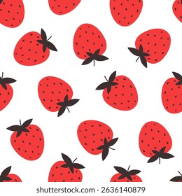 Seamless pattern with cute strawberries. Design for banner, wallpaper, textile, wrapping paper, background, cards. Vector illustration in flat style