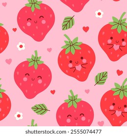 Seamless pattern cute strawberries and hearts. Seamless pattern.