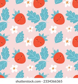 Seamless pattern with cute strawberries and leaves on a pink background.