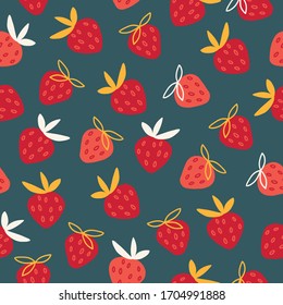 Seamless pattern with cute strawberries on dark green background. Perfect for textile, summer decorations, wallpaper, healthy food menu. 