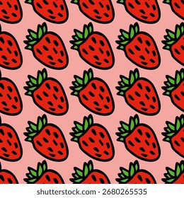 Seamless pattern with cute strawberries on pink background. Vector image.