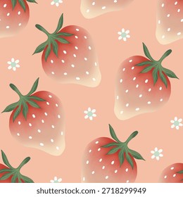 Seamless pattern with cute strawberries and small flowers on a soft pink background. Perfect for fabric, packaging, wallpaper, stationery, kids products, fashion accessories, and sweet decorative surface design projects.
