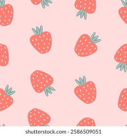 Seamless pattern with cute strawberry berry on pink background. Vector illustration for printing. Cute baby background.