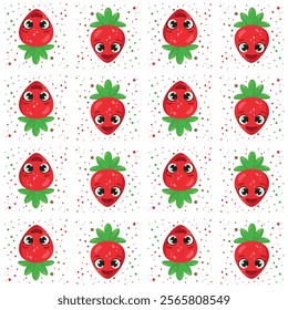 Seamless pattern with cute strawberry characters featuring expressive faces and green leaves, surrounded by colorful dots. Ideal for kids' products, packaging, textiles, and fun designs