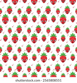 Seamless pattern with cute strawberry characters featuring expressive faces and green leaves, surrounded by colorful dots. Ideal for kids' products, packaging, textiles, and fun designs