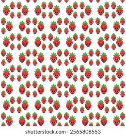 Seamless pattern with cute strawberry characters featuring expressive faces and green leaves, surrounded by colorful dots. Ideal for kids' products, packaging, textiles, and fun designs