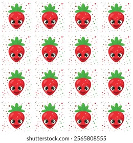 Seamless pattern with cute strawberry characters featuring expressive faces and green leaves, surrounded by colorful dots. Ideal for kids' products, packaging, textiles, and fun designs