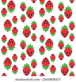 Seamless pattern with cute strawberry characters featuring expressive faces and green leaves, surrounded by colorful dots. Ideal for kids' products, packaging, textiles, and fun designs