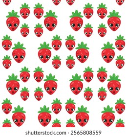 Seamless pattern with cute strawberry characters featuring expressive faces and green leaves, surrounded by colorful dots. Ideal for kids' products, packaging, textiles, and fun designs