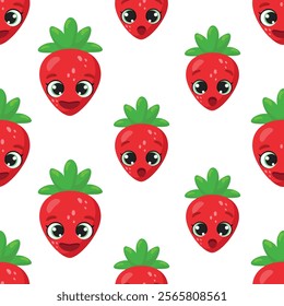 Seamless pattern with cute strawberry characters featuring expressive faces and green leaves, surrounded by colorful dots. Ideal for kids' products, packaging, textiles, and fun designs