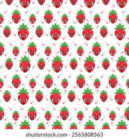 Seamless pattern with cute strawberry characters featuring expressive faces and green leaves, surrounded by colorful dots. Ideal for kids' products, packaging, textiles, and fun designs