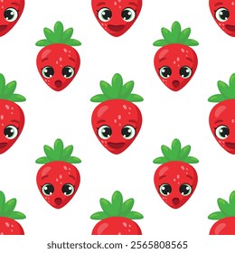 Seamless pattern with cute strawberry characters featuring expressive faces and green leaves, surrounded by colorful dots. Ideal for kids' products, packaging, textiles, and fun designs