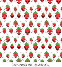 Seamless pattern with cute strawberry characters featuring expressive faces and green leaves, surrounded by colorful dots. Ideal for kids' products, packaging, textiles, and fun designs