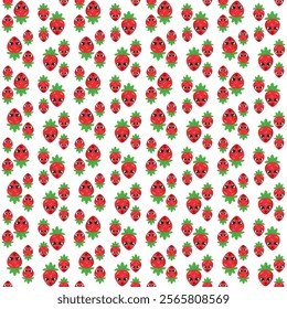 Seamless pattern with cute strawberry characters featuring expressive faces and green leaves, surrounded by colorful dots. Ideal for kids' products, packaging, textiles, and fun designs