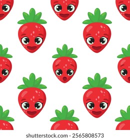 Seamless pattern with cute strawberry characters featuring expressive faces and green leaves, surrounded by colorful dots. Ideal for kids' products, packaging, textiles, and fun designs