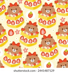 Seamless pattern of cute strawberry cheese cake have teddy bear face and flower on cake.Sweet and dessert.Fruit.Wild animal character cartoon design.Baby clothing design.Kawaii.Vector.Illustration.