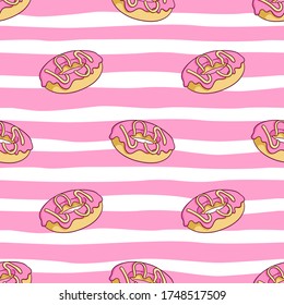 seamless pattern of cute strawberry donut with colored doodle style