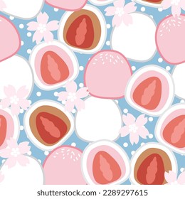 Seamless pattern of cute strawberry fruit inside moji with sakura flower on blue background.Japanese dessert hand drawn.Food cartoon.Asian sweet.Kawii.Vector.Illustration.