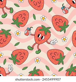 seamless pattern with cute strawberry, juice, flowers
