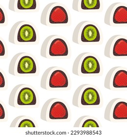 Patrón sin foco de fresa linda y fruta kiwi dentro de moji. Postre japonés dibujado a mano. Caricatura de comida