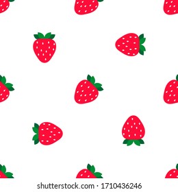 Seamless Pattern Cute Strawberry With Leaf On White Backgound. Vector Illustration.