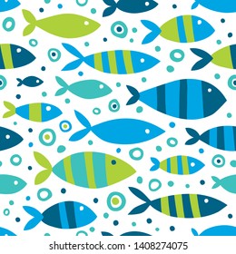 Seamless pattern with cute striped fishes. Vector pattern in blue and green tones.
