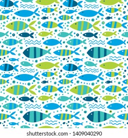 Seamless pattern with cute striped fishes. Vector pattern in blue and green tones.