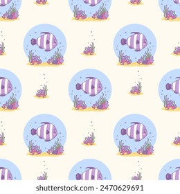 Seamless pattern with cute striped tropical fish with seaweed on light background. Vector illustration. Cartoon animal kawaii character. Kids collection.