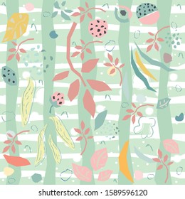 Seamless Pattern with Cute Stripes, plants, leaves funny shapes. Repeating background for prints. Scandinavian Style. 