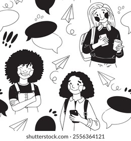 seamless pattern with cute student characters, chatting, communicating. simple illustration in doodle style.