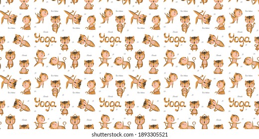 Seamless pattern of cute stylish cartoon smiling tigers in various yoga asanas on a white background. Isolated baby cute endless texture of exercise poses and lettering with quotes. Vector.