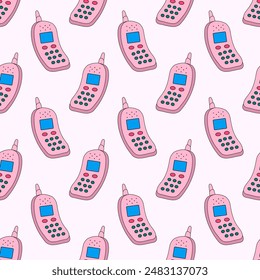 Nahtloses Muster. Nettes und stilvolles Retro-Handy mit Buttonen. Klassischer Bildschirmhintergrund für drahtlose Elektronik. Gerät 90er, 2000er. Vektorgrafik flache Abbildung.
