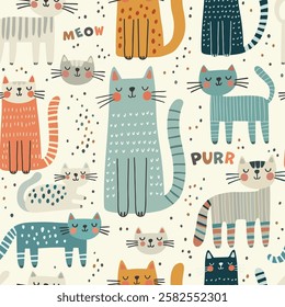 Seamless pattern with cute stylized cats and text "meow" and "purr" on light background. Perfect for fabric, kids' products, and stationery.