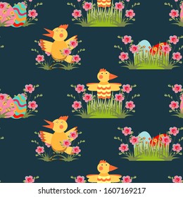 Seamless pattern with cute stylized hens and roosters. Endless background with colored easter eggs hidden in the grass. Baby texture design. Vector flat illustration for fabric, wallpaper, wrapping