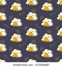 Seamless pattern with cute stylized lion head like clouds and elements on a dark background.
Vector cartoon background. Kid’s design. Print for textiles, wrapping paper, wallpaper.