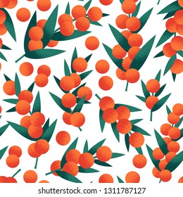 Seamless pattern of cute, stylized seaberry sprigs. 