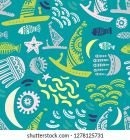 Seamless pattern with cute subject sea and ocean.Template with aquatic inhabitants. Ships and marine inhabitants. Vector graphics.